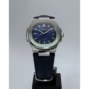 Custom Seiko Mod • Blue Nautilus on Premium Leather Strap • 40mm